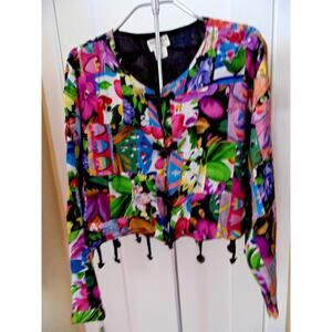 Vtg 80s Boho Chic Floral Patchwork Colorful Cropped Jacket Brass Metal Dangles
